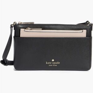 Kate Spade New York Black Cream Saffiano Leather Crossbody slim purse Gold NWT
